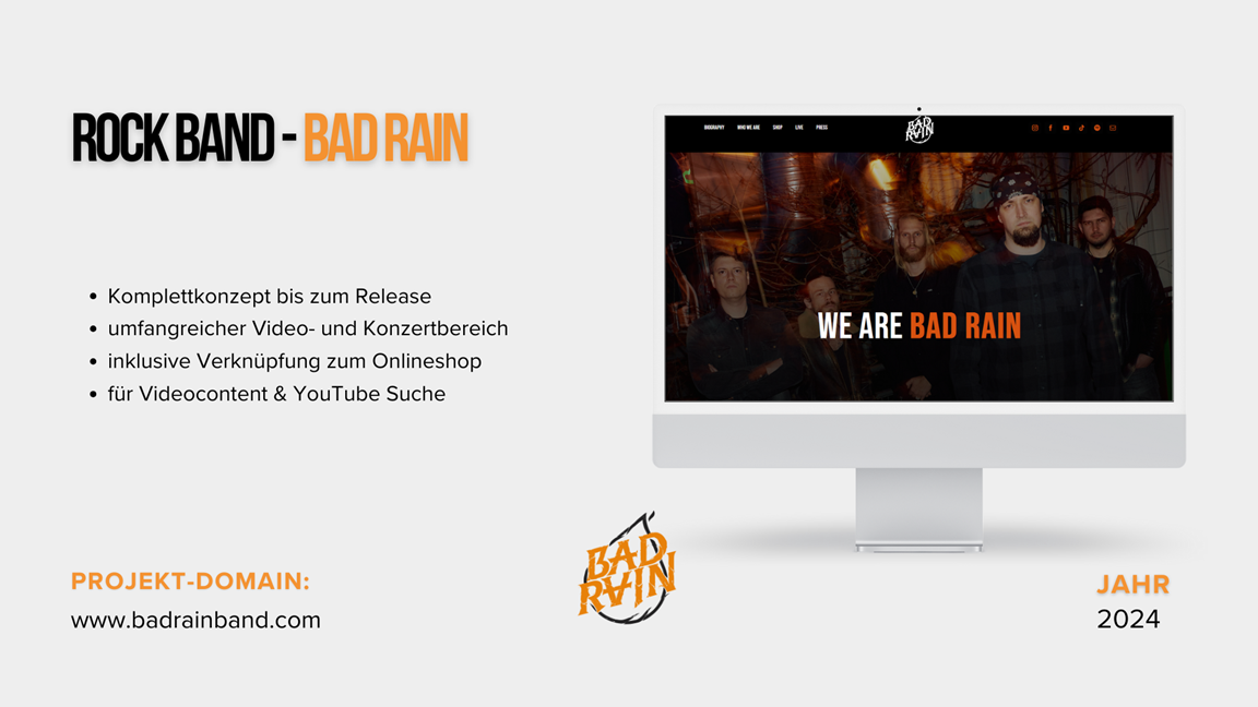 Webdesign Referenz für Bad Rain Rockband – Bandwebseite