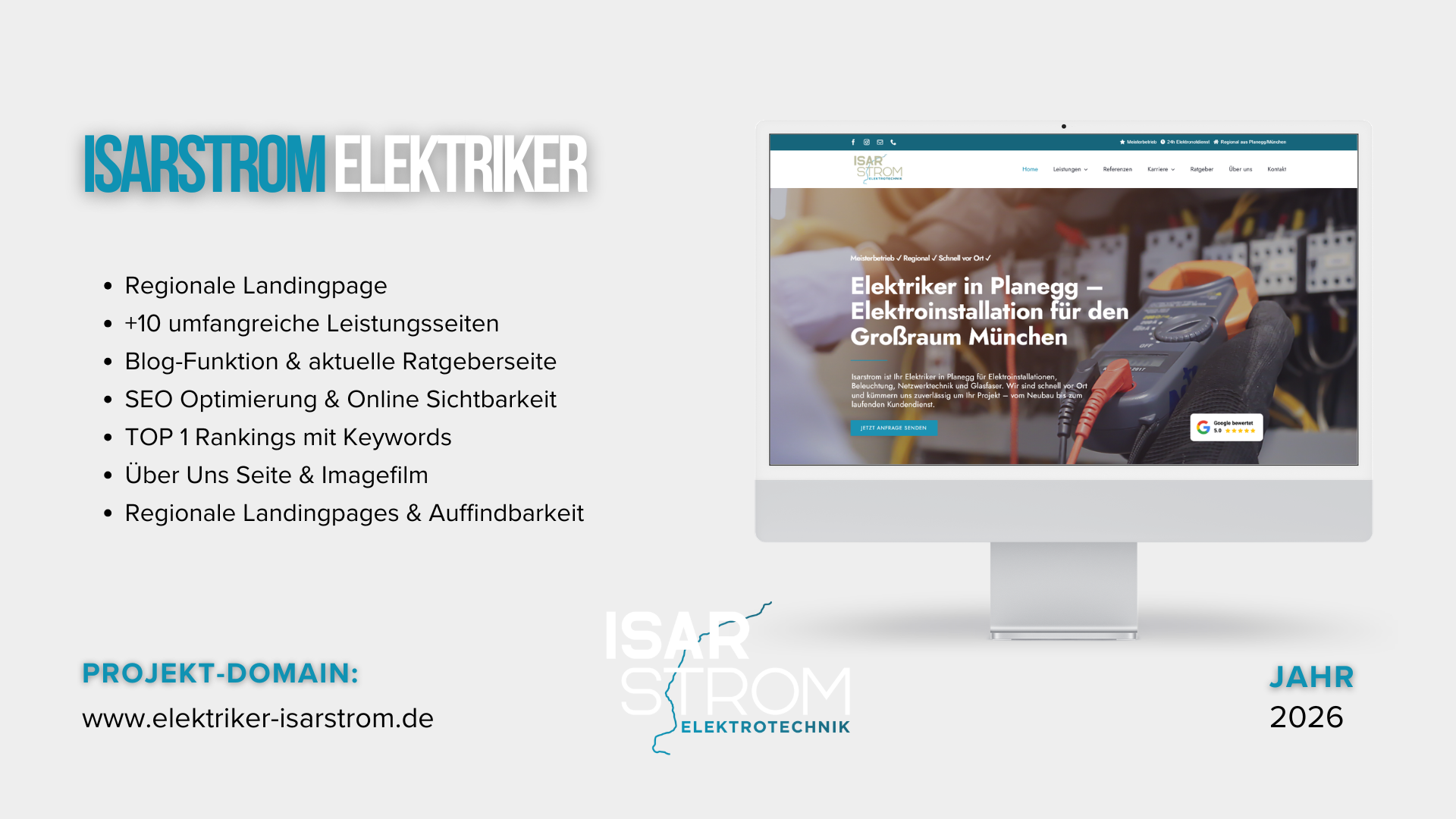 Webauftritt inklusive Leistungsseiten für den Eletriker Isarstrom in Planegg